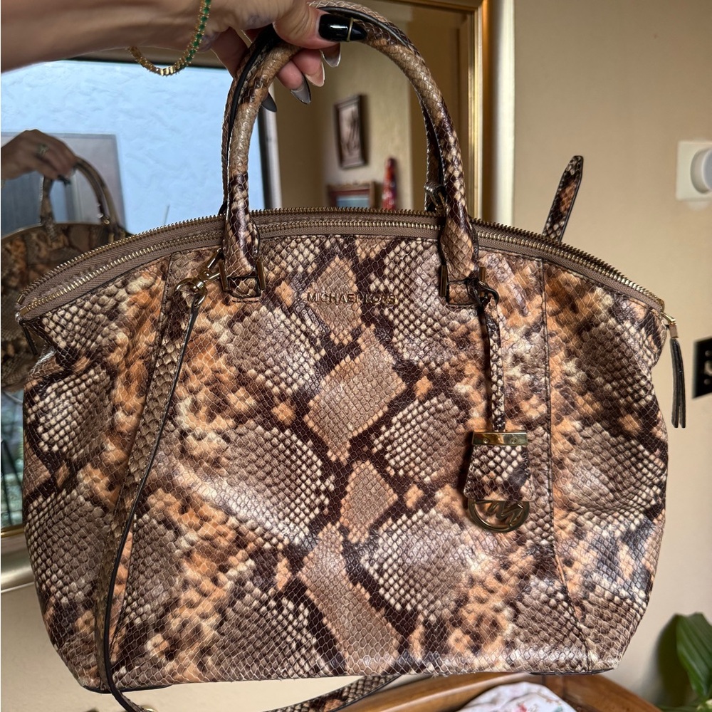 Michael Kors Snake-Print Satchel in Brown and Tan